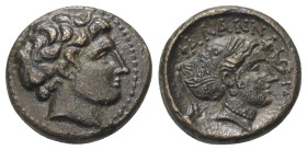 Thessalien. Phalanna.

 Bronze. 4. - 3. Jhdt. v. Chr.
Vs: Jugendlicher männlicher Kopf rechts.
Rs: Weiblicher Kopf (Nymphe ?) mit Sakkos rechts.
...