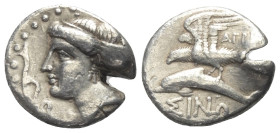 Paphlagonien. Sinope.

 Drachme (Silber). Ca. 330 - 300 v. Chr.
Vs: Kopf der Nymphe Sinope mit Sphendone und Ohrring links, davor Aphlaston.
Rs: A...