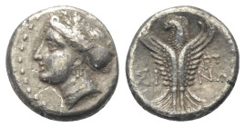 Paphlagonien. Sinope.

 Hemidrachme (Silber). Ca. 330 - 250 v. Chr.
Vs: Kopf der Sinope mit Sphendone links.
Rs: Adler nach oben fliegend, Kopf na...