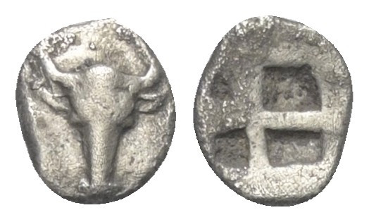 Troas. Lamponeia.

 Hemiobol (Silber). Ca. 500 - 450 v. Chr.
Vs: Stierkopf en...