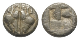 Lesbos. Ungesicherte Münzstätte.

 1/12 Stater (Billon). Ca. 550 - 480 v. Chr.
Vs: Zwei Eberköpfe einander zugewandt.
Rs: Unregelmäßiges Quadratum...