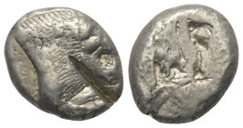 Karien. Unbestimmte Münzstätte.

 Stater (Silber). 6. - 5. Jhdt. v. Chr. Mylasa (?).
Vs: Löwenvorderteil mit aufgerissenem Maul rechts.
Rs: Unrege...