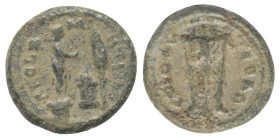 Troas. Alexandria. Pseudo-autonome Prägung.

 Bronze. 2. Jhdt. n. Chr.
Vs: APOL Z - MI - NTHE. Apollon Smintheos auf Sockel mit Phiale, Bogen und K...