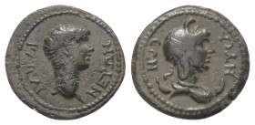Lydien. Nysa. Nero (54 - 68 n. Chr.).

 Bronze.
Vs: Kopf des Nero mit Lorbeerkranz rechts.
Rs: Büste des Mên mit phrygischer Mütze auf Mondsichel ...
