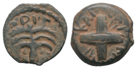Judäa. Claudius (41 - 54 n. Chr.). Prokurator Antonius Felix (52 - 59 n. Chr.).

 Prutah (Bronze). 54 n. Chr. (Jahr 14). Jerusalem.
Im Namen Britan...