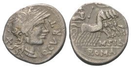Q. Curtius und M. Iunius Silanus.

 Denar (Silber). Ca. 116 - 155 v. Chr.
Vs: Q CVRT. Kopf der Roma mit geflügeltem Helm rechts, dahinter Wertzeich...