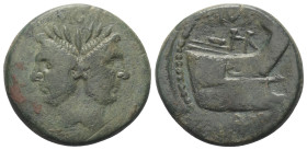 Sextus Pompeius.

 As (Bronze). Ca. 42 - 38 v. Chr. Ungesicherte Münzstätte auf Sizilien.
Vs: MAGN. Janusartiger Doppelkopf des Pompeius Magnus mit...