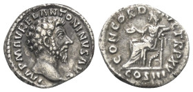 Marcus Aurelius (161 - 180 n. Chr.).

 Denar (Silber). 161 n. Chr. Rom.
Vs: IMP M AVREL ANTONINVS AVG. Kopf rechts. Rs: CONCORD AVG TRP XV. Concord...