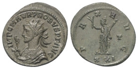Probus (276 - 282 n. Chr.).

 Antoninian (Kupfer). Siscia.
Vs: IMP C M AVR PROBVS P F AVG. Gepanzerte Büste mit Strahlenkrone links, in der Rechten...