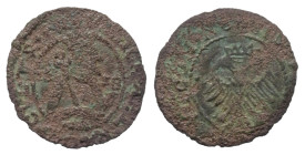 Walachei - Fürstentum. Mihail Radu III. Mihnea (1658 -1659).

 Schilling (Kupfer). 1658.
Vs: Gekröntes Hüftbild im Harnisch mit Szepter nach rechts...
