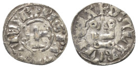 Achaia - Fürstentum. Philipp von Tarent, Despot der Romania (1306 - 1313).

 Denar (Silber).
Vs: + PhS P ACh TAR DR. Kreuz.
Rs: + D' CLARENCIA. St...