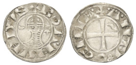 Antiochia - Fürstentum. Bohemund III. (1163 - 1201).

 Denar (Silber).
Vs: Helmbüste im Harnisch links.
Rs: Kreuz, im ersten Quadranten Halbmond....