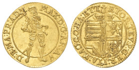 Deutscher Orden. Erzherzog Maximilian (1590 - 1618).

 Dukat (Gold). Ohne Jahr (1608 - 1612). Hall.
Vs: Der Erzherzog im Harnisch steht nach rechts...