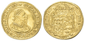 Nürnberg - Schwedische Besetzung. Gustav Adolph (1594 - 1632).

 Dukat (Gold). 1632. Nürnberg.
Vs: Belorbeerte Büste mit Spitzenkragen rechts. 
Rs...