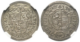 Neufürsten. Salzburg. Leopold Anton Eleutherius Freiherr von Firmian (1727 - 1744).

 Landbatzen (4 Kreuzer). 1733.
NGC MS64 (3926634-010).
Vs: Wa...