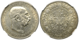 Kaisertum Österreich (1804 - 1918). Franz Joseph I. (1848 - 1916).

 5 Kronen (Silber). 1909.
NGC AU 53 (6141419-002).

Vs: Kopf rechts.
Rs: Bek...