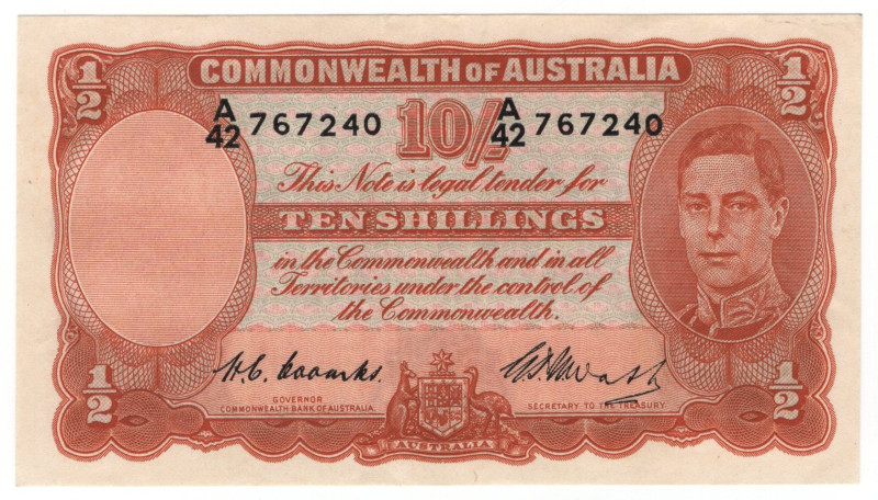Australia 10 Shillings 1949 (ND)
P# 25c, N# 202341; # A42 767240; Coombs/Watt; ...