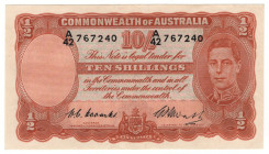 Australia 10 Shillings 1949 (ND)
P# 25c, N# 202341; # A42 767240; Coombs/Watt; XF