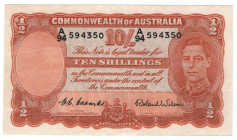 Australia 10 Shillings 1952 (ND)
P# 25d, N# 202341; # A94 594350; Coombs/Wilson; XF