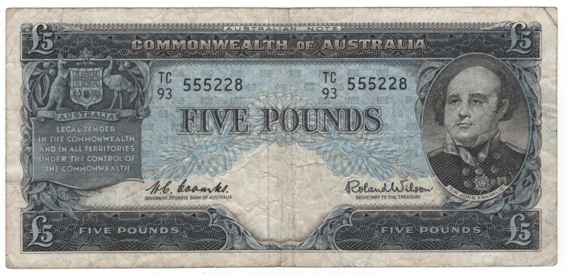 Australia 5 Pounds 1960 - 1965 (ND)
P# 35a, N# 202364; # TC93 555228; F-VF