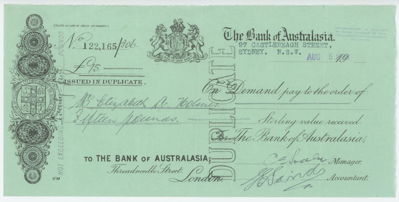 Australia Bank of Australasia Check for £15 Sydney 1908
# 122165; Duplicate cro...