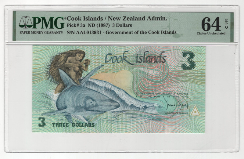 Cook Islands 3 Dollars 1987 (ND) PMG 64 Choice Uncirculated EPQ
P# 3a, # AAL013...