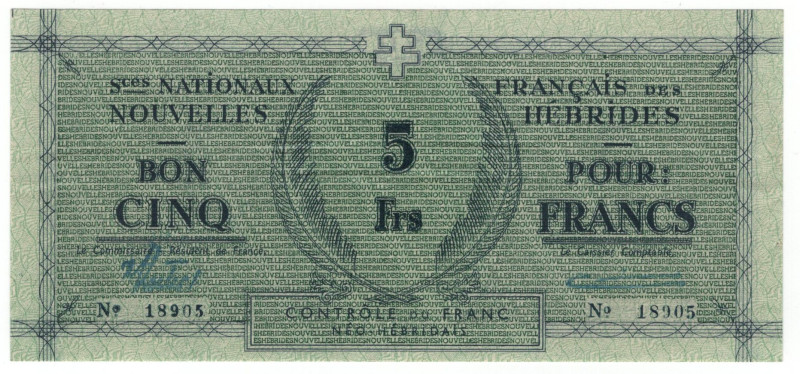 New Hebrides 5 Francs 1943 (ND)
P# 1, N# 268085; # 18905; XF