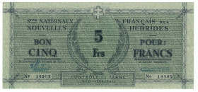 New Hebrides 5 Francs 1943 (ND)
P# 1, N# 268085; # 18905; XF