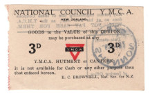 New Zealand National Council Y.M.C.A. 3 Pence 1918
National Council Y(oung) M(ens) C(hristian) A(ssociation) 3 Pence 6.9.(19)18. The YMCA for several...