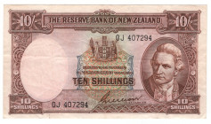 New Zealand 10 Shillings 1955 - 1956 (ND)
P# 158b, N# 204076; # OJ 407294; G. Wilson; VF-XF
