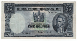 New Zealand 5 Pounds 1940 - 1955 (ND)
P# 160a, N# 204073; # 3X 632294; T. P. Hanna; VF-XF