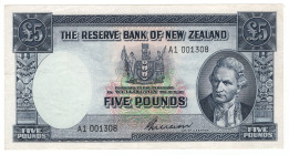 New Zealand 5 Pounds 1955 - 1956 (ND)
P# 160b, N# 204073; # A1 001308; G. Wilson; XF