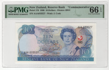 New Zealand 10 Dollars 1990 PMG 66 Gem Uncirculated EPQ
P# 176, # AAA033527; Commemorative