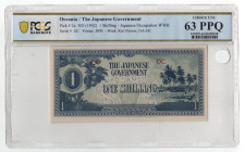 Oceania 1 Shilling 1942 (ND) PCGS 63 PPQ
P# 2a, N# 204372; # OC; Japanese Occupation - WW II