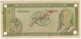Tonga 1 Pa'anga 1967 (ND)
P# 14s, N# 315121; # A/I 000000; "Reine Salote"; AUNC with 4 cancellation holes