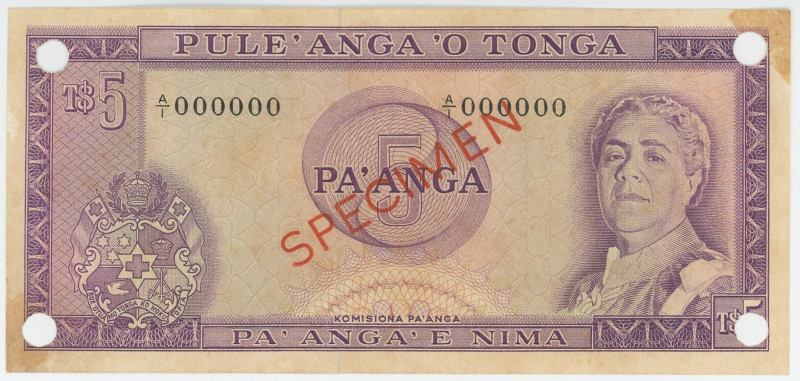 Tonga 5 Pa'anga 1967 (ND)
P# 16s, # A/I 000000; "Reine Salote"; VF with 4 cance...