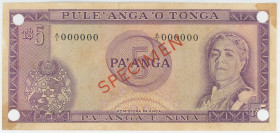 Tonga 5 Pa'anga 1967 (ND)
P# 16s, # A/I 000000; "Reine Salote"; VF with 4 cancellation holes