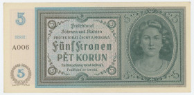 Bohemia & Moravia 5 Korun 1940 (ND)
P# 4a, N# 207302; # A006; AUNC