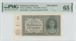Bohemia & Moravia 5 Korun 1940 (ND) Specimen PMG 65 EPQ Gem UNC
P# 4s, N# 207302; # B019