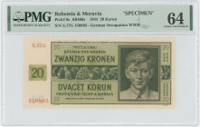 Bohemia & Moravia 20 Korun 1944 Specimen PMG 64 Choice UNC
P# 9s, N# 207306; # S.17G 150805
