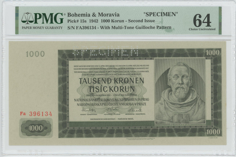 Bohemia & Moravia 1000 Korun 1942 Specimen PMG 64 Choice UNC
P# 15s, N# 207308;...
