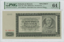 Bohemia & Moravia 1000 Korun 1942 Specimen PMG 64 Choice UNC
P# 15s, N# 207308; # Fa 396134