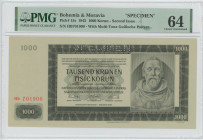 Bohemia & Moravia 1000 Korun 1942 Specimen PMG 64 Choice UNC
P# 15s, N# 207308; # Hb 701900