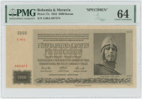 Bohemia & Moravia 5000 Korun 1944 Specimen PMG 64 Choice UNC
P# 17s, N# 285773; # S.06A 067473
