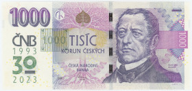 Czech Republic 1000 Korun 2023 (2008) Fancy Number 30 Years of Czech Currency
N# 355638; # R94 000600; UNC