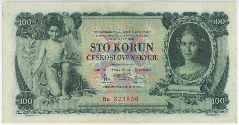 Czechoslovakia 100 Korun 1931
P# 23b, N# 222208; # Ba 323536; XF+
