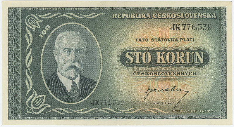 Czechoslovakia 100 Korun 1945 (ND)
P# 63a, N# 207322; # JK776339; AUNC