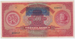 Slovakia 500 Korun 1929 (1939) (ND)
P# 2s, N# 277696; # E 434857; Perforated Specimen; F