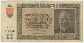 Slovakia 20 Korun 1939 Specimen
P# 5s, N# 285778; # K1 22 317059; Perforated Specimen; VG