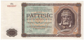 Slovakia 5000 Korun 1944 Specimen
P# 14s, N# 277700; # 1Ha 002367; UNC-